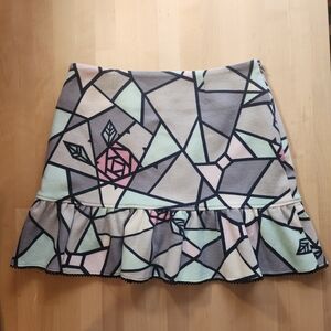 MILK J-Fashion Rose Stained Glass Mini Skirt Ruffle Lace Trim Gray/Mint/Pink